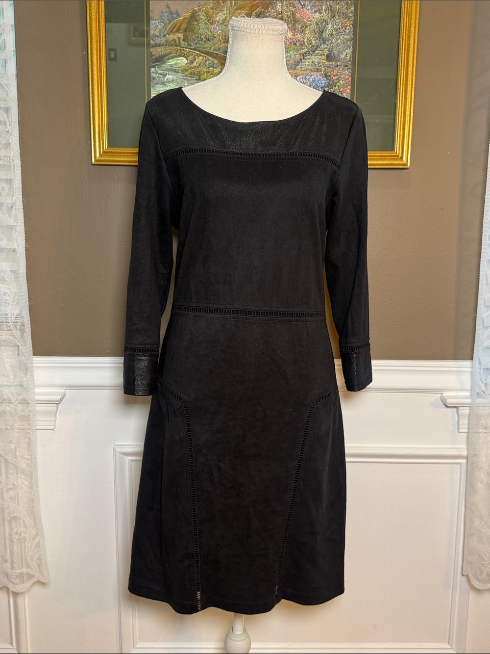 Hale Bob Black Faux Suede Shift Dress S Animal Print Trim